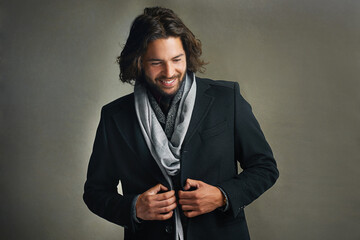 Business, man and smile for fashion in studio on gray background with office wear. Male person,...