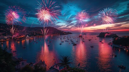 Red and White Fireworks Over the Sea with Blue Sky Background - Night Scene Shot with Wide-Angle Lens, Bright Colors and Festive Atmosphere
