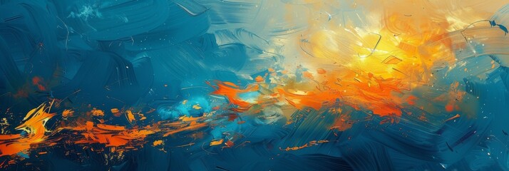 Vivid abstract painting showcasing a dynamic blend of blue and orange tones in a captivating digital composition.