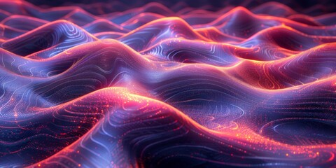 Obraz premium Vibrant neon-lit abstract terrain waves, showcasing surreal digital landscape with glowing lines and textures.