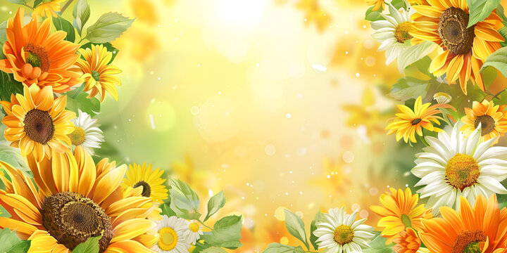 Sunlit Meadows: Bright and Cheerful Sunflowers and Daisies in Full Bloom, Creating a Vibrant Summer Scene, yellow flowers, autumn concept backdrop, wellcome November