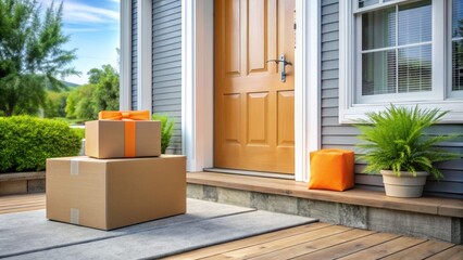 Empty porch with cardboard boxes and parcels, orange delivery bag on the floor, implying prompt and reliable service quality.