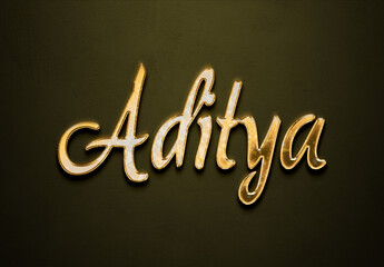 Old gold text effect of Hindi name Aditya with 3D glossy style Mockup.