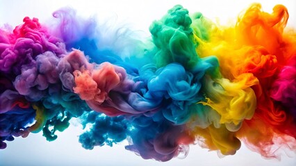 Obraz premium Vibrant swirling clouds of colored smoke explode against a flawless white backdrop, radiating an dynamic kaleidoscope of shapes and hues.