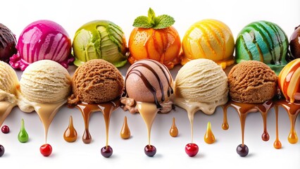 Vibrant banner featuring assorted flavors of succulent ice cream scoops dripping with tantalizing rivulets on a pristine white backdrop.