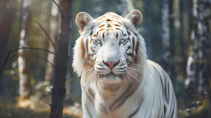 Naklejka premium Portrait of a rare magnificent albino tiger stalking through the serene lush forest