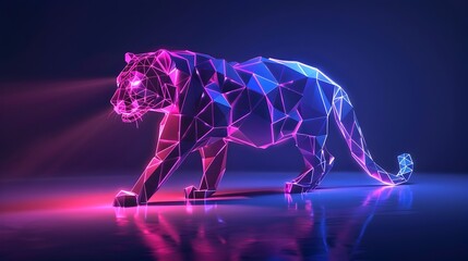 Obraz premium Prowling neon tiger silhouette abstract low poly triangular luminous digital art with vibrant glowing energy field effect and modern technological backdrop