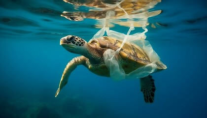 Plastic bags stuck on turtle in the ocean