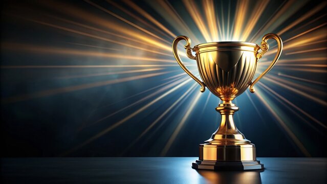 A majestic golden trophy stands proudly on a dark background, its intricate details shining brightly, with ample copy space for your winning message or brand. - Powered by Adobe