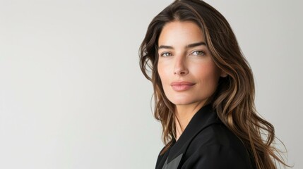 Elegant businesswoman in black blazer contemplating in professional setting with long brown hair
