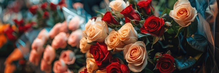 Bouquet of red and white roses at florist flower shop with vibrant flowers on blurred floral background