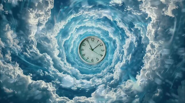 Clock suspended in a swirling vortex of clouds, creating a surreal atmosphere. Seamless looping time-lapse 4k video animation background