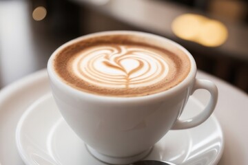 Cappuccino on a wooden table in a coffee shop