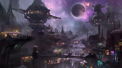 18. Design an alien cityscape with bizarre architecture and glowing pathways winding through a bustling marketplace under alien skies.