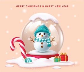 Christmas snow ball vector design. Merry christmas and happy new year greeting text with snowman character in frost crystal round bauble elements for winter season background. Vector illustration 