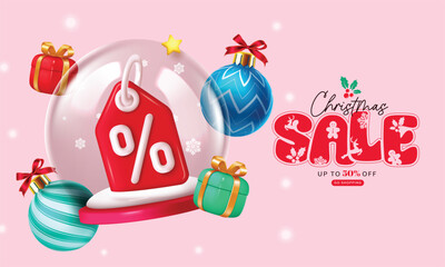 Fototapeta premium Christmas sale vector banner design. Christmas sale text 50% discount promo with percent tag in glass snow ball, xmas ball and gift box elements for flyers advertisement background. Vector 