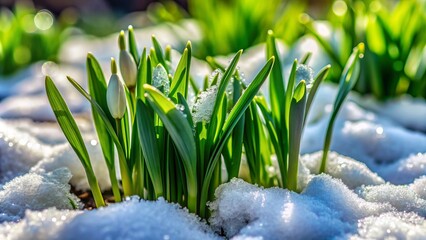 Winter's chill slowly relinquishes its grip as a patch of earth transforms, snowflakes yielding to vibrant green grass, a fleeting seasonal moment of beauty.