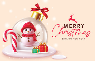 Merry christmas greeting vector design. Christmas greeting text with cute snowman character in glass crystal ball, candy cane and gift box elements in snow winter background. Vector illustration 