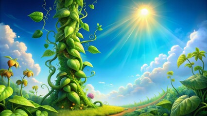 Whimsical illustration of a magical giant beanstalk with vibrant pods and lush foliage against a bright blue sunny sky background.