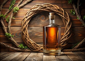 Rustic wooden planks and woven vines surround a luxurious glass liquor bottle with ornate label and cork, evoking a sense of refined simplicity and earthy elegance.