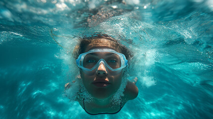 Fototapeta premium close-up of a beautiful young woman with blue eyes underwater, enjoying the sunshine and seawater, representing relaxation and natural beauty