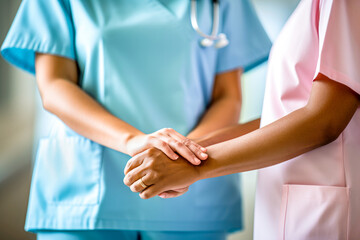Fototapeta premium Two women nurses diverse ethnicity holding hands, supporting each other with calming touch. Medical professionals with empathy, solidarity. Concept healthcare workers mental health support, wellbeing