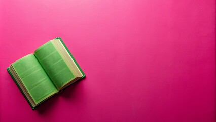 Vibrant pink background showcases a green dictionary and thesaurus, essential language tools, with ample copy space for text and design elements, perfect for creativity.