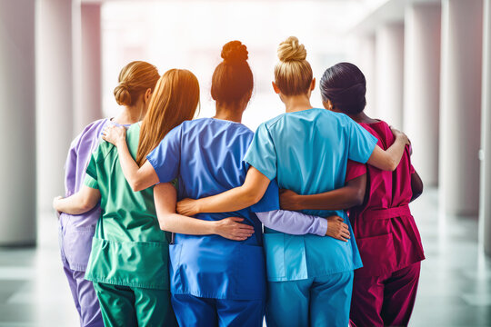 Women nurses diverse ethnicities, group teamwork, unity. Medical professionals in colorful scrubs with arms around each other. Concept of togetherness healthcare workers and team support. Back view