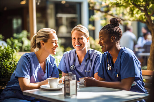 Three happy women nurses, diverse ethnicity, enjoying coffee break time. Smiling medical professionals in scrubs. Concept of mental health healthcare workers, support each other and togetherness