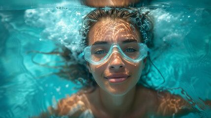 close-up of a beautiful young woman with blue eyes underwater, enjoying the sunshine and seawater, representing relaxation and natural beauty