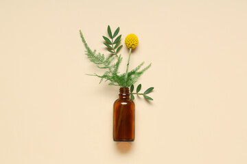 Composition with bottle of essential oil, plant, leaves and flower on color background
