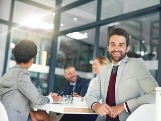 Happy, businessman and portrait with meeting in boardroom for project management and problem solving. Male compliance officer, confident and pride for job by government agency for policy enforcement.