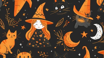 Fototapeta premium Illustrate a whimsical Halloween pattern with a mix of cute witches, magical cats, and sparkling stars