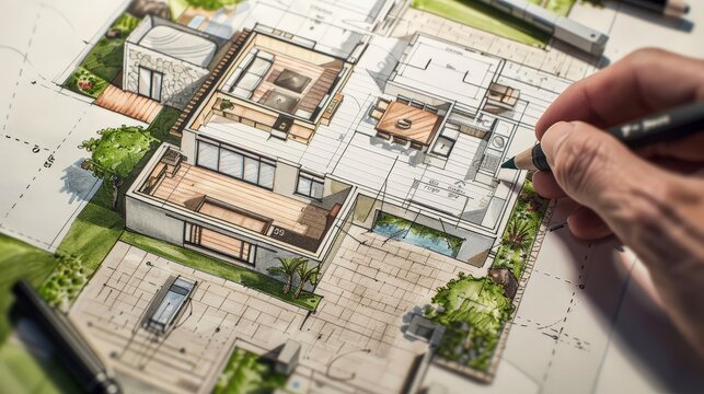 Illustrate an architect drawing a detailed floor plan for a luxury villa, highlighting the spacious living areas, elegant interiors, and sophisticated design