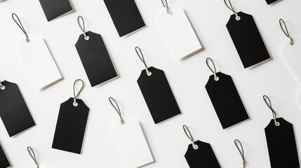 Simple black and white price tags with string on white background