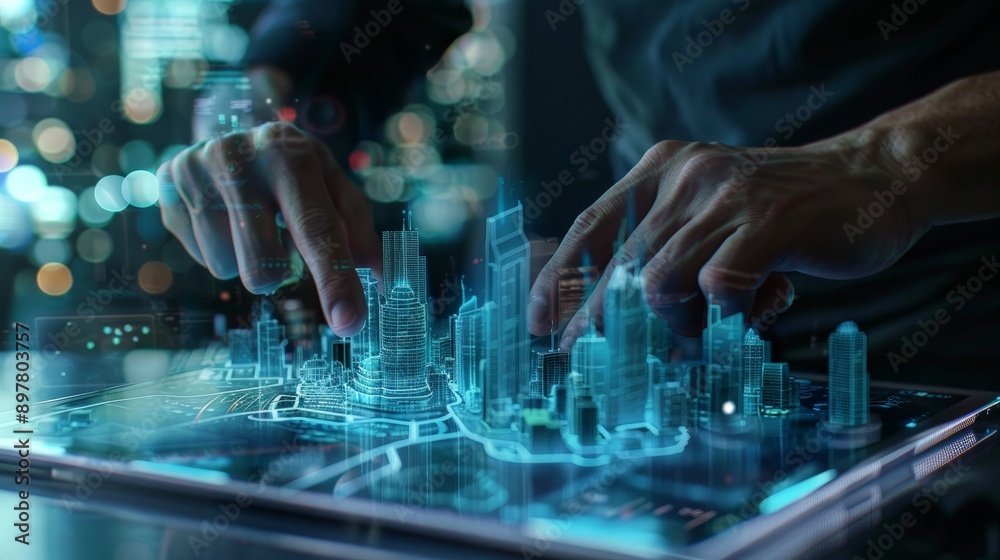 Poster Illustrate an architect working on a digital tablet, creating a 3D rendering of a futuristic cityscape. Emphasize the integration of technology in modern architectural design