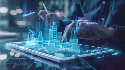 Fototapeta premium Illustrate an architect working on a digital tablet, creating a 3D rendering of a futuristic cityscape. Emphasize the integration of technology in modern architectural design