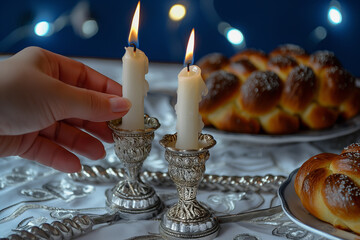 A hand reaches out to light Shabbat candles in a silver candlestick, with fresh challah bread nearby