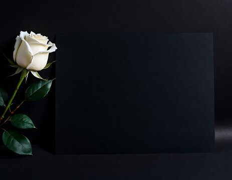 Blank condolence card, memorial card, greeting card with fresh Rose on the dark background. Empty place for a text.