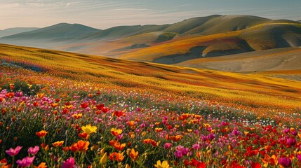 Fototapeta premium Marvel at the vibrant colors of a blooming landscape, highlighting fields of flowers in full bloom.