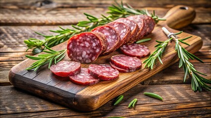 Rustic wooden cutting board with perfectly sliced salami and fresh rosemary sprigs rests on weathered wooden table in warm natural light.