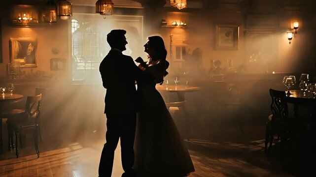 Silhouette of Couple Dancing in Romantic Ambiance with Ai generated.

