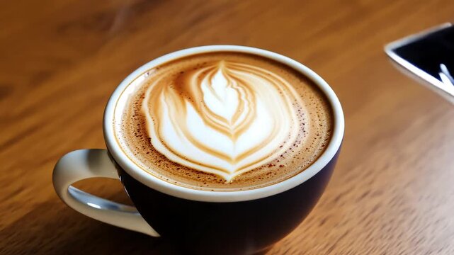 Latte Art Coffee Cup on Wooden Table with Ai generated.
