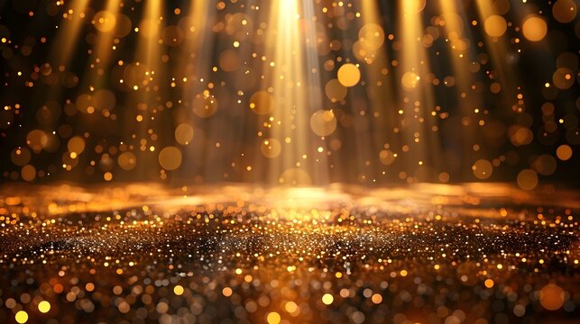 Elegant Golden Glitter Backdrop with Bokeh Effect for Event or Performance Stage