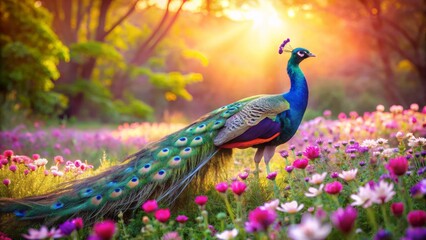 Vibrant peacock with iridescent feathers stands amidst lush green field, surrounded by blooming flowers, basking in warm pink sunlight.