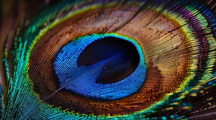 Fototapeta premium Exquisite Closeup of Iridescent Peacock Feather,Minute Barbules in Tack-Sharp Focus