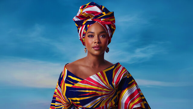 African American Woman in Vibrant Gele and Striped dress at sunrise sky background