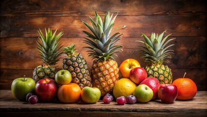 Vibrant Harvest Display of Fresh Apples, Oranges, Grapes, and Pineapples on Worn Wooden Table Against Earthy Brown Background.