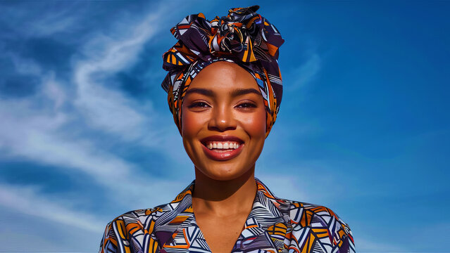 African American Woman with gele headwrap and radiant smile, sky background