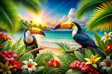 Naklejka premium Vibrant Toucans perch among exotic flowers, lush greenery, and palm fronds in a tropical paradise, surrounded by warm sunlight and tranquil ocean waters.